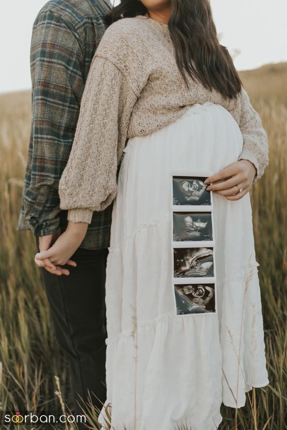 ژست عکس بارداری با همسر - برگه سونوگرافی - در طبیعت | عکس بارداری عاشقانه و جدید 2024